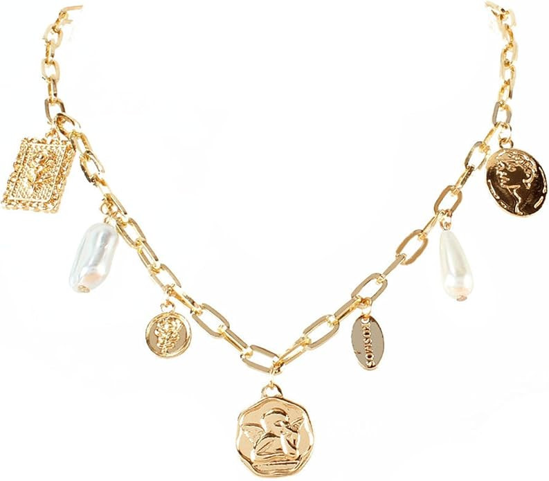 Gold Charm Necklace for Women Charm Necklace Boho Gold Vintage Pearl Head Portrait Square Pendant... | Amazon (US)