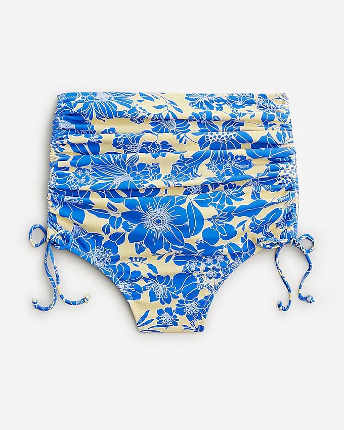 Ruched high-rise bikini bottom with side ties in blue floral | J.Crew US