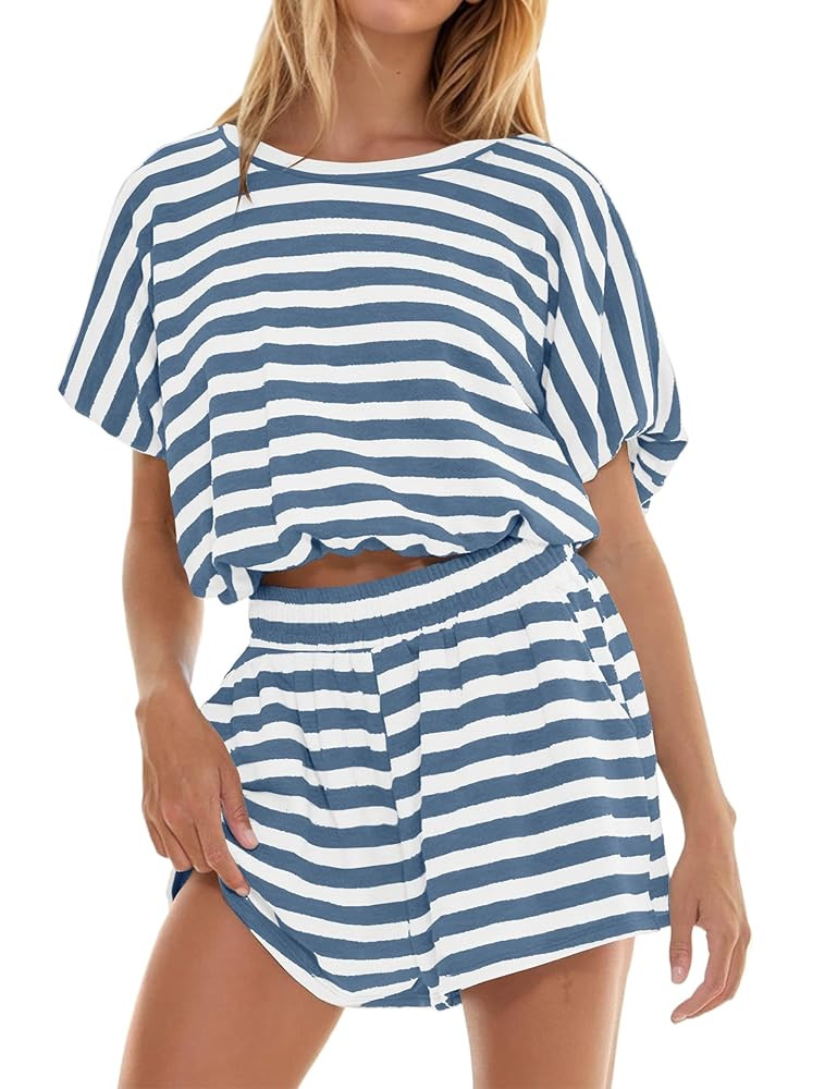 2 Piece Sets Women Striped Tee Shirt Shorts Set Short Sleeve Loose Fit Shirt Elastic Waist Shorts... | Amazon (US)