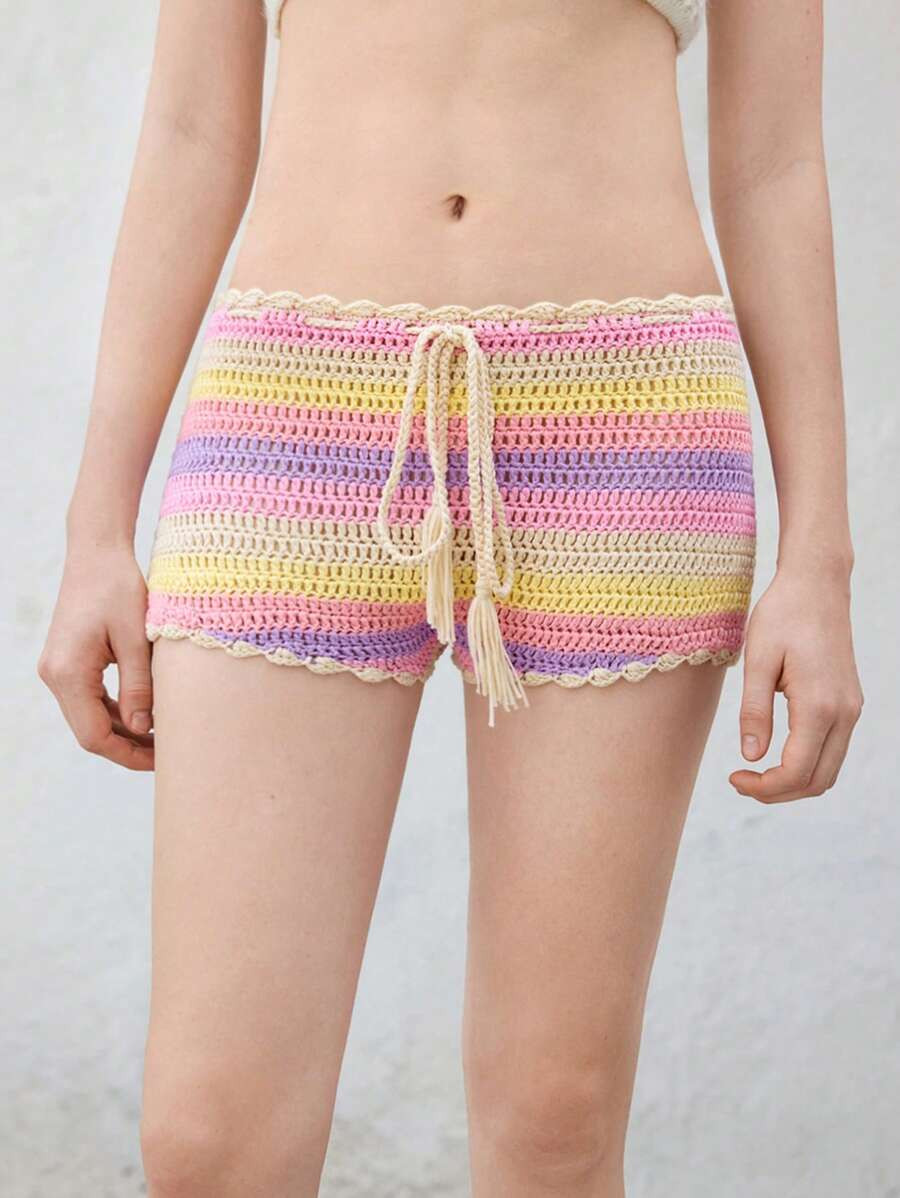 Skyraze Women's Mohair Colorful Striped Knit Shorts | SHEIN