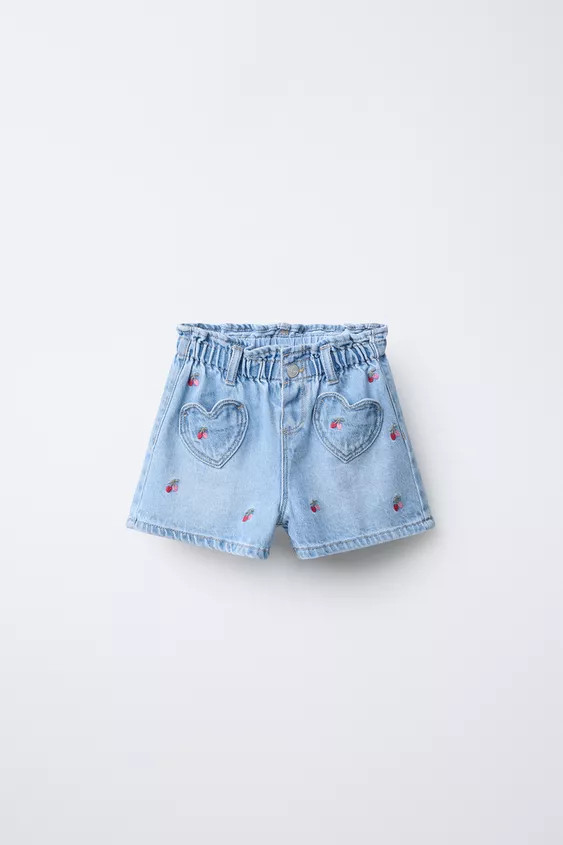 EMBROIDERED CHERRY PAPERBAG DENIM SHORTS | Zara US