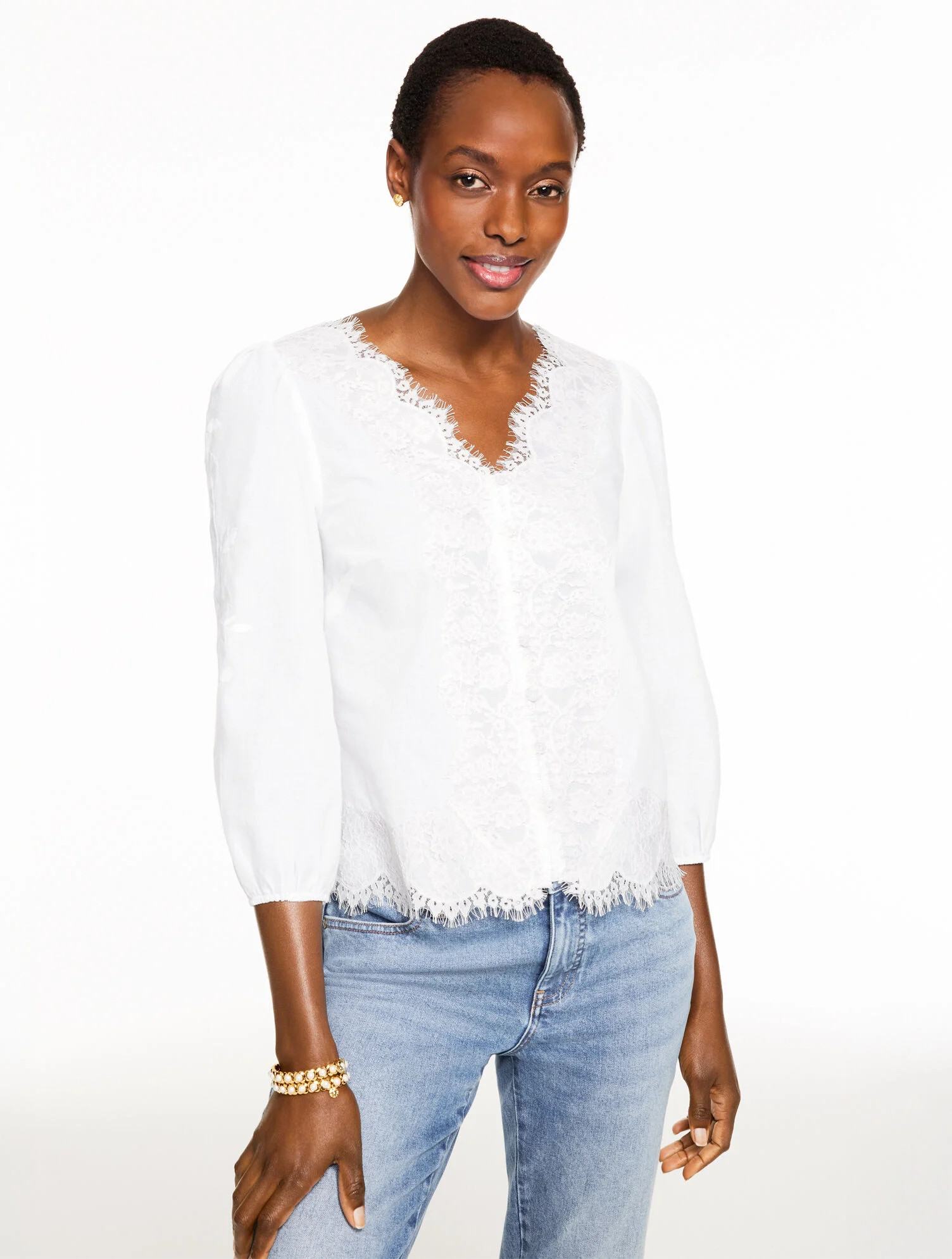 Embroidered Lace Trim Voile Top | Talbots