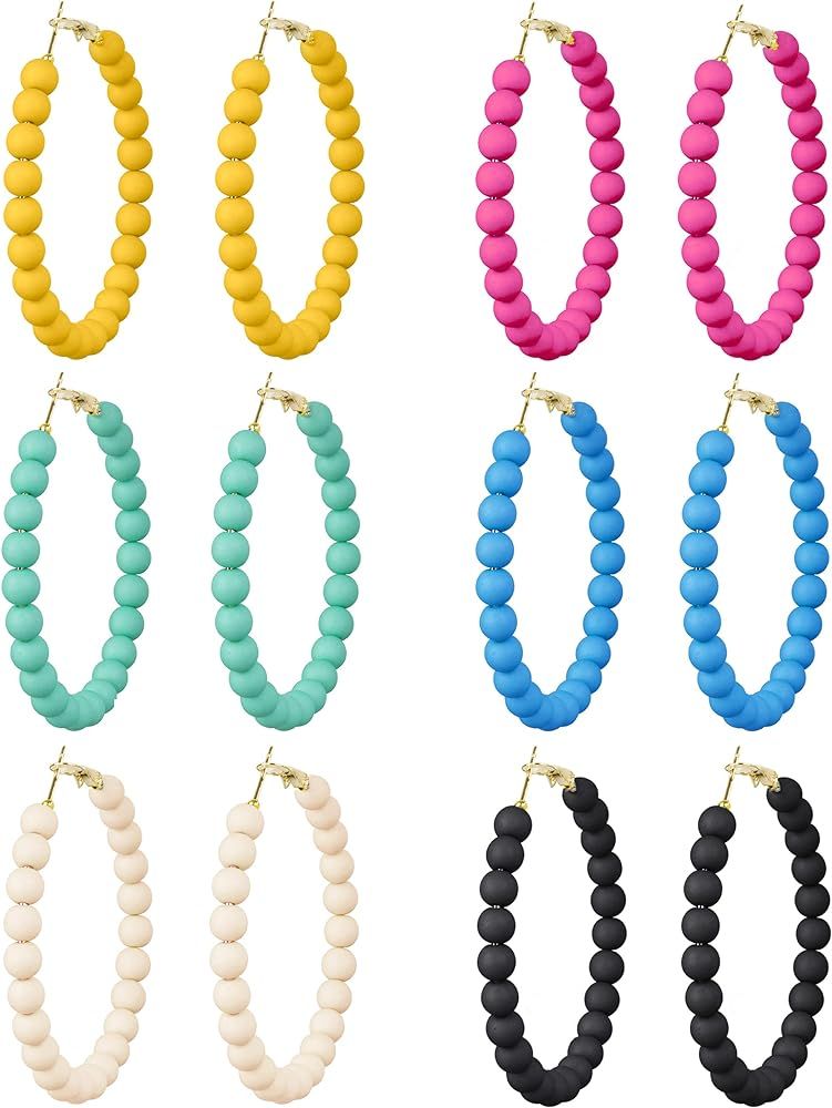 MOZAKA 6 Pairs Beaded Hoop Earrings Bohemian Large Circle Hoop Earrings Colorful Acrylic Matte Be... | Amazon (US)