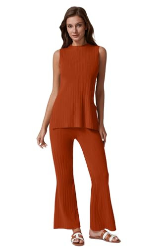 QINSEN Lounge Sets for Women Two Piece Outfits Knit Sleeveless Vented Hemline Tops Wide Leg Pants... | Amazon (US)