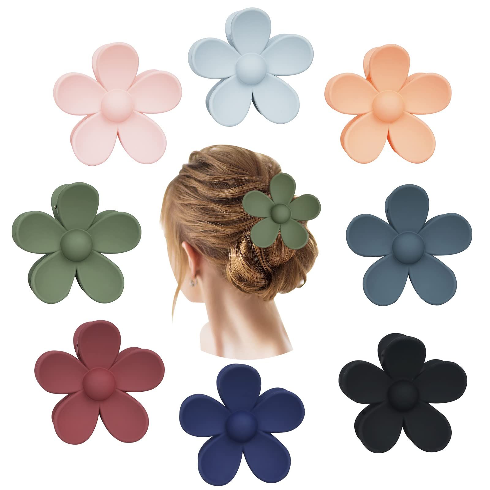 Flower Claw Clip， Flower Hair Clip 8 Pieces Large Matte Claw Clips for thin Hair，Non Slip Strong Hol | Amazon (US)