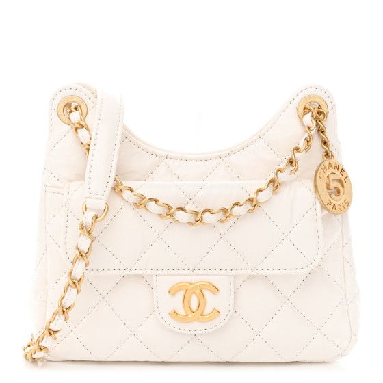 Shiny Crumpled Calfskin Quilted Small Wavy CC Hobo White | FASHIONPHILE (US)