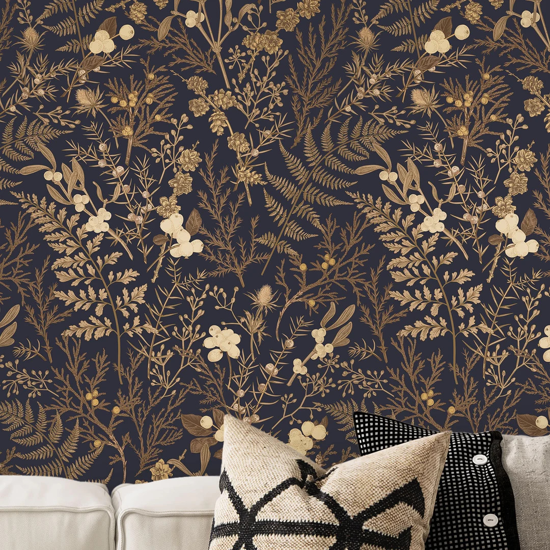 Pale Brown and Dark Blue Forest Wallpaper, Vintage Botanical Forest Wallpaper. Dark Cold Blue and... | Etsy (US)