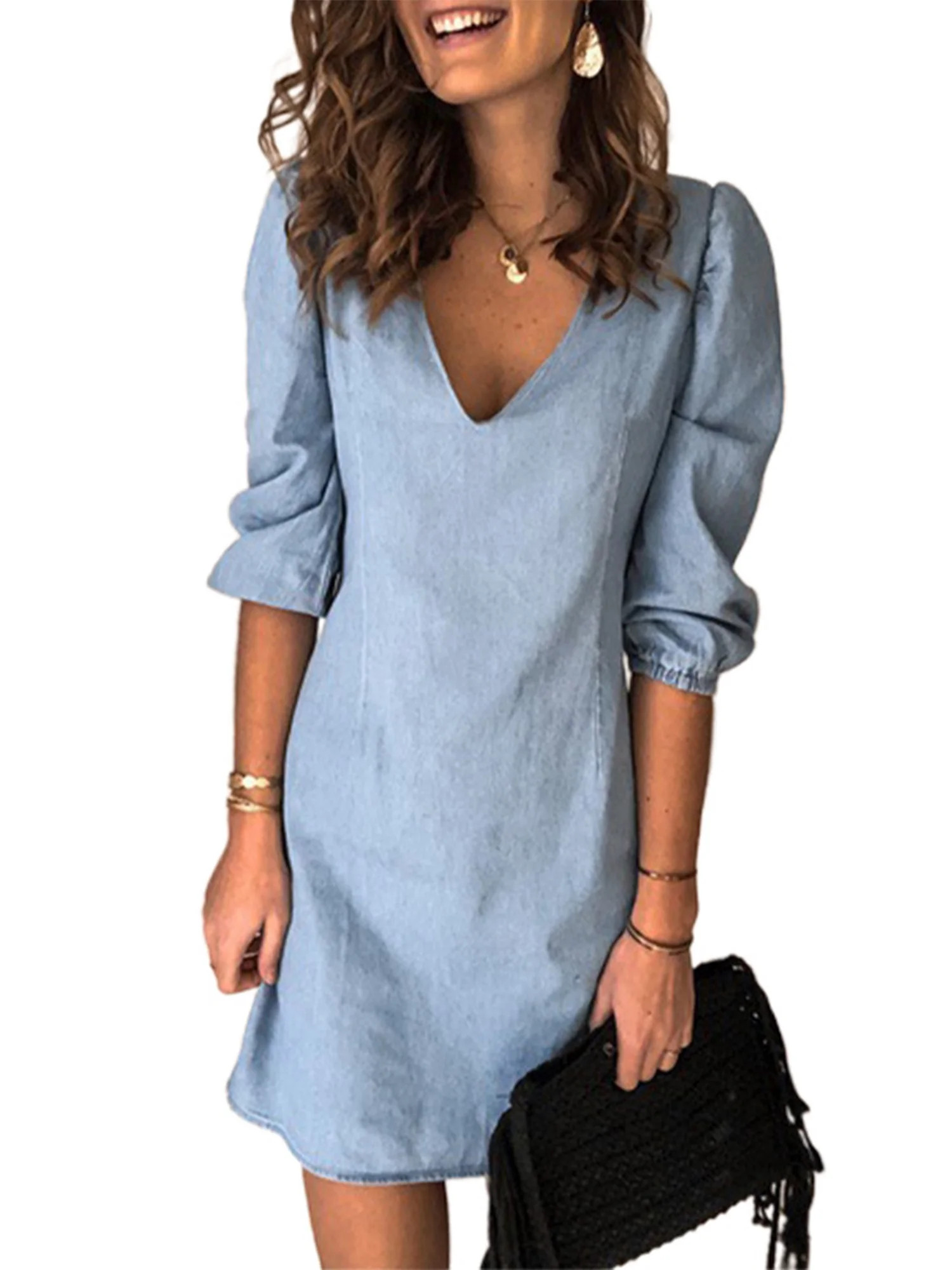 Niuer V Neck Short Sleeve Denim Dress for Women Summer Casual Tunic Dress | Walmart (US)
