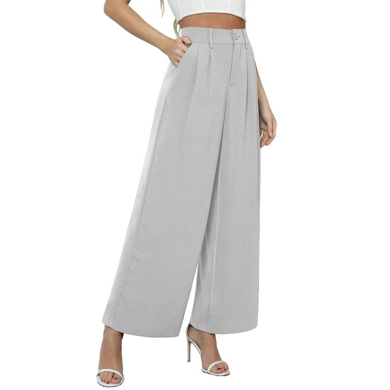 Uvplove Women's Pocket Wide Leg Trousers Lightweight Pants High Waist Button Loose Trouser Work C... | Walmart (US)