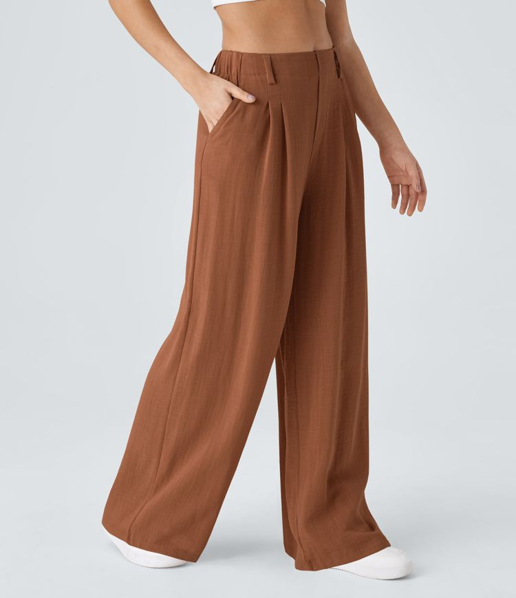 Women’s High Waisted Side Pocket Wide Leg Flowy Solid Palazzo Casual Linen-Feel Trousers - Hala... | Halara UK