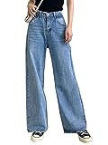 HDLTE Women Wide Leg Jeans Junior High Waist Baggy Jean Loose Boyfriends Jeans Blue Washed | Amazon (US)