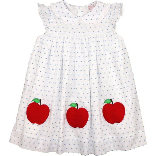 White and Blue Swiss Dot Applique Apple Dress | Cecil and Lou