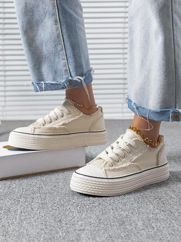 Women Raw Trim Lace-up Front Canvas Casual Shoes | SHEIN