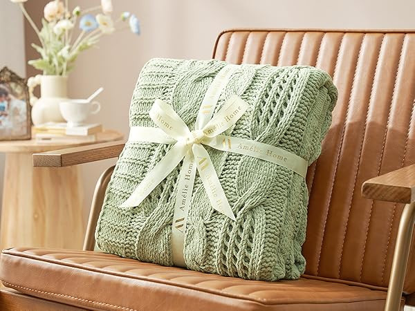 Amélie Home Chunky Knit Chenille Throw Blanket, Breathable Cable Knitted Blanket for Couch, Farm... | Amazon (US)