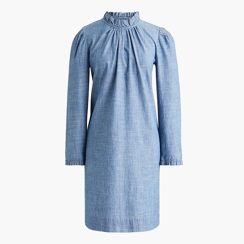 Chambray ruffleneck shift dress | J.Crew Factory