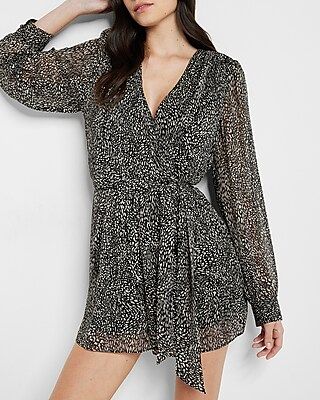 Dot Print Long Sleeve Wrap Front Tie Waist Romper | Express