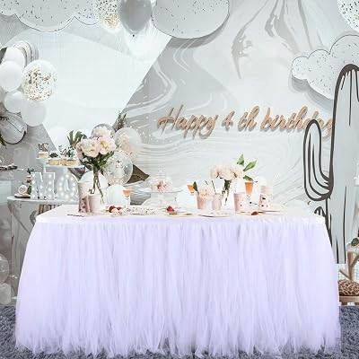 White Table Skirt Baby Shower 9ft Tulle Table Skirting with Gold Brim Round and Rectangle Tutu Table | Amazon (US)