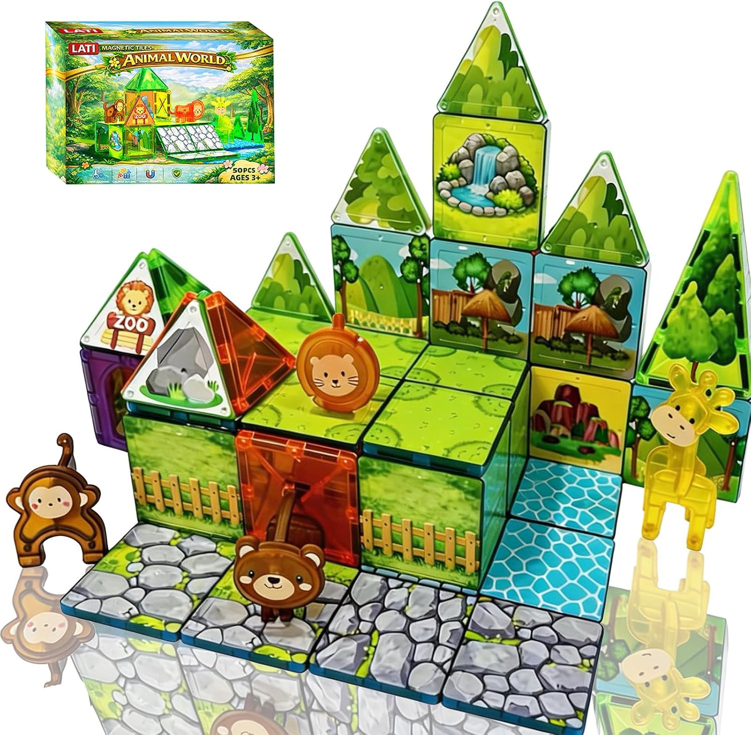 LATI Zoo World Magnetic Tiles for Kids with Giraffe,Lion & Bear | Amazon (US)