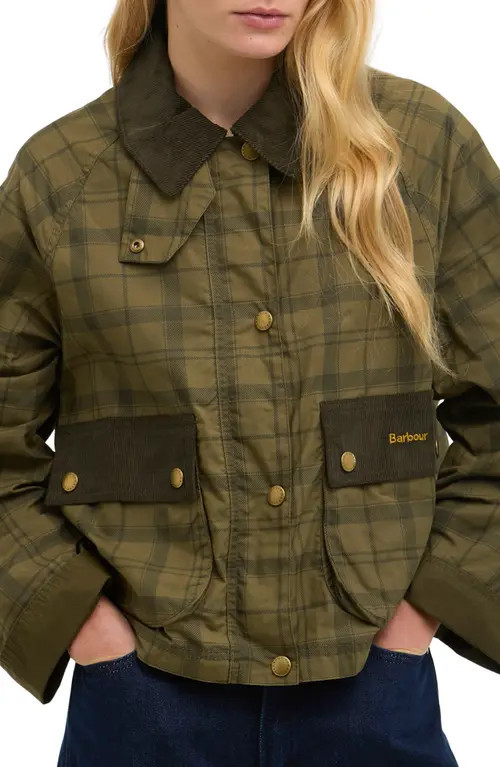 Barbour Beadnell Tartan Waxed Cotton Crop Jacket in Dusky Green Tartan/Highland at Nordstrom, Size 4 Us | Nordstrom