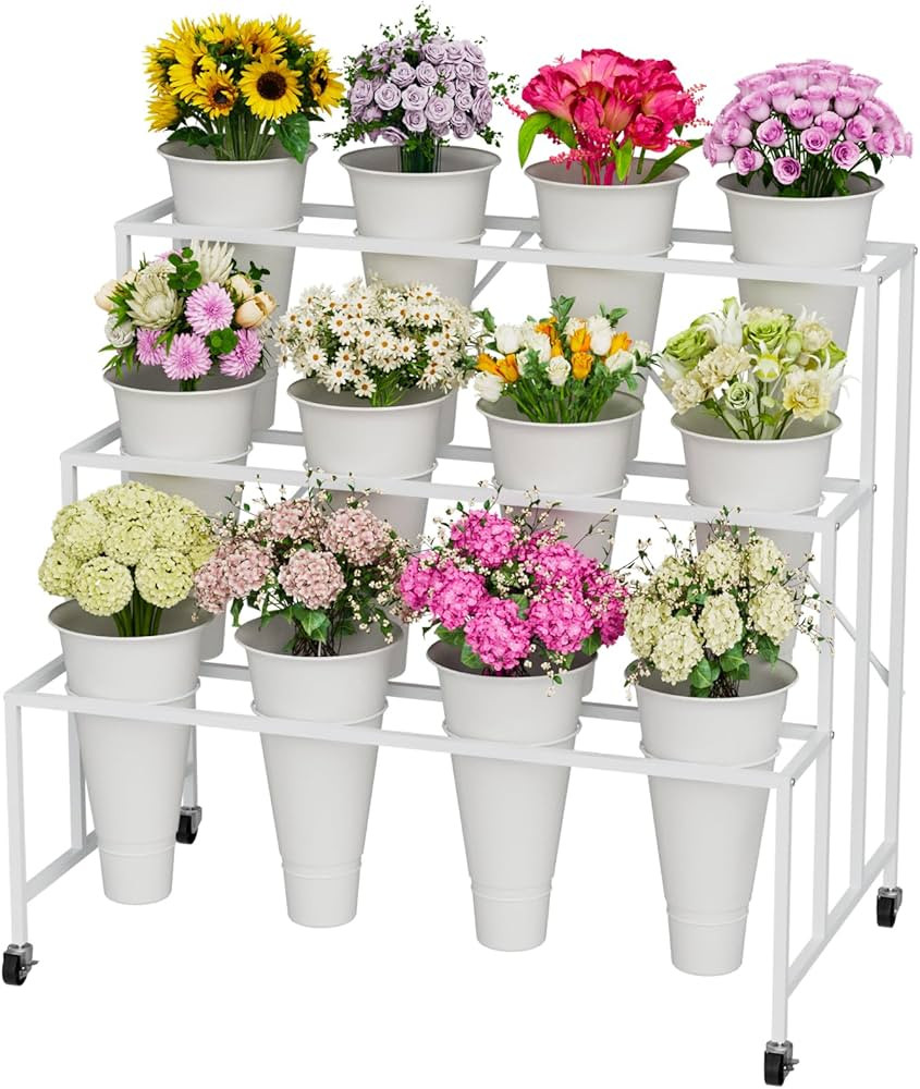 Flower Stand, 3-Tier Flower Display Stand with Buckets for Indoor Outdoor, Flower Cart Display St... | Amazon (US)