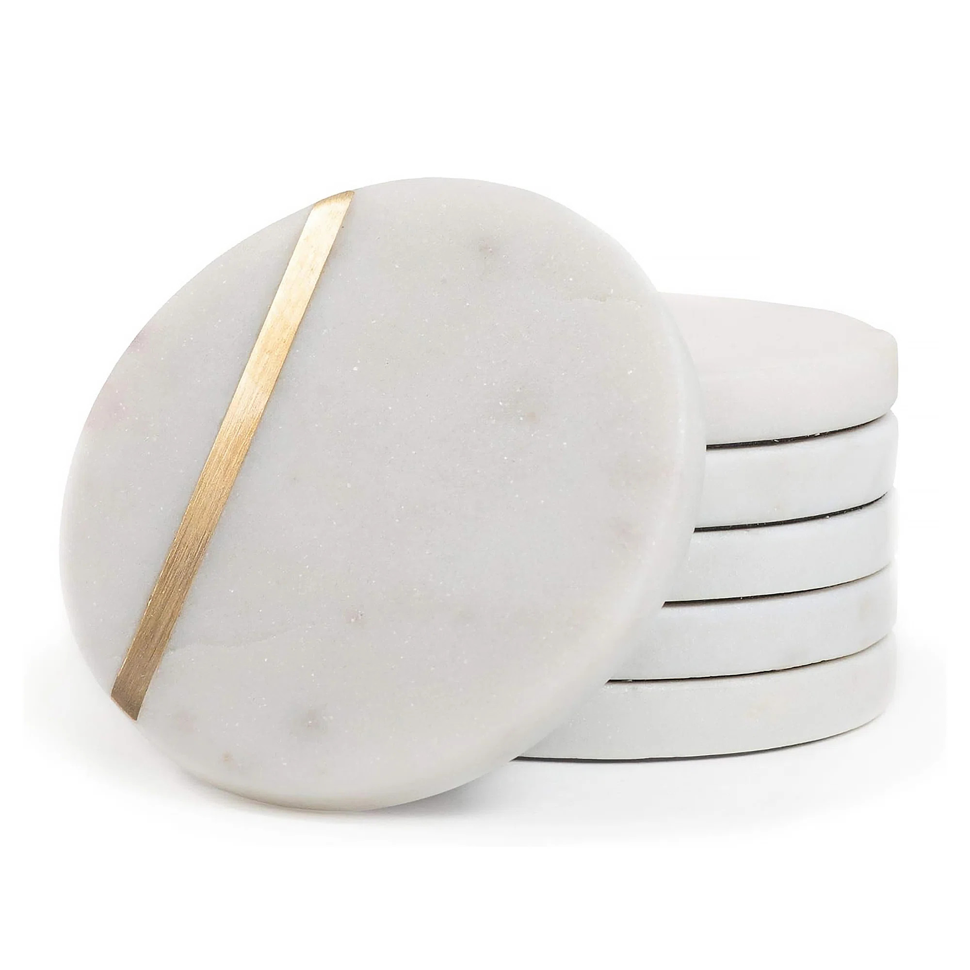 Marble Coasters Set of 6, White Marble with Gold Brass Inlay, Real Natural Semi Absorbent Stone C... | Wayfair North America