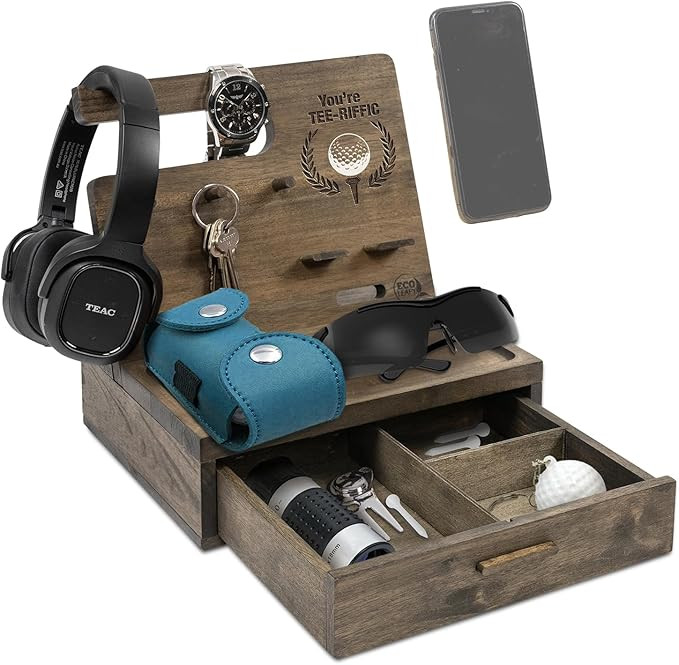 Nightstand Organizer- Golf Gifts- Golf Accessories for Men- Cool Gifts for Dad- Rustic Wood Phone... | Amazon (US)