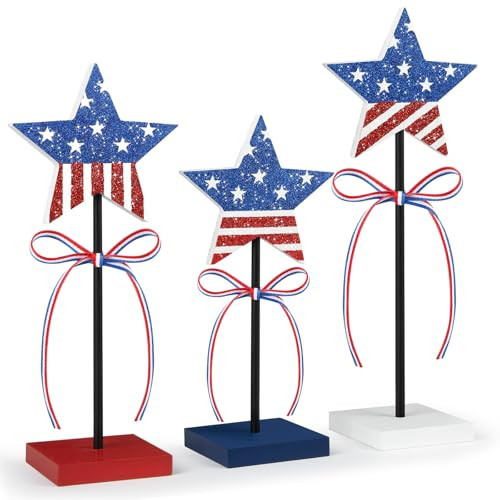 Sereliy 3 PCS 4th of July Table Decorations Wooden Star Set, Rustic Memorial Day Table Decor, Red White and Blue Decorations for Home (Stripe) | Amazon (US)