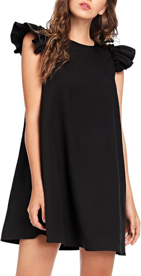 Romwe Women's Ruffle Trim Sleeve Summer Beach A Line Loose Swing Dress | Amazon (US)