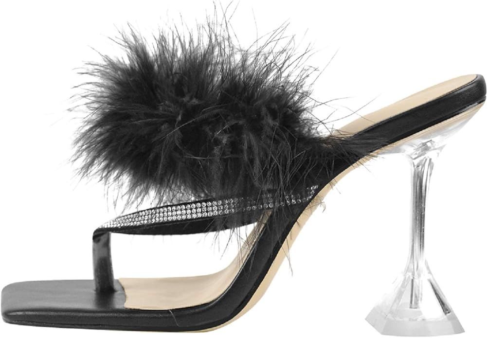 Yolkomo Women's Fuzzy Sandals Square Toe Slip On Heels Mule Sandals | Amazon (US)
