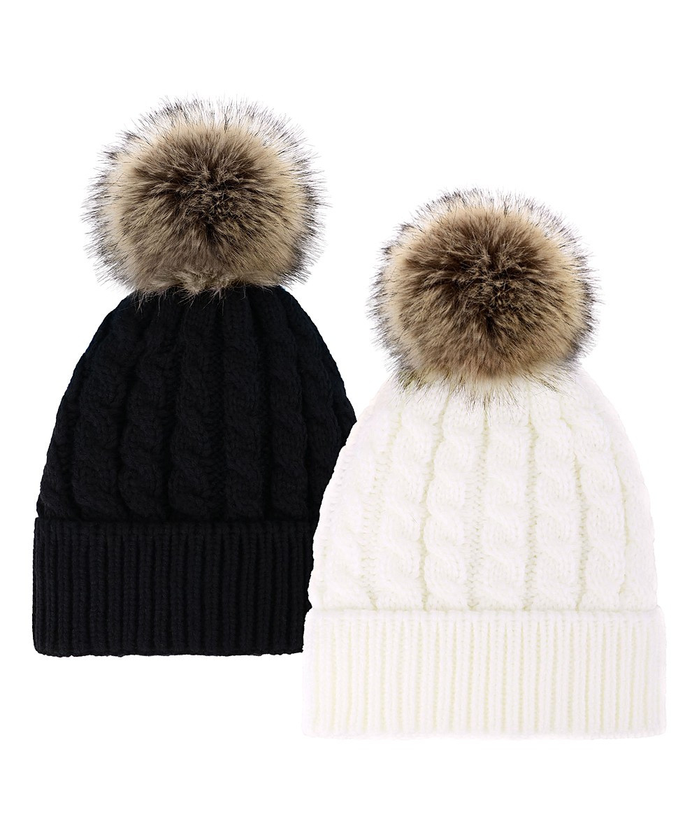 Simplicity Beanies Black+White - Black & White Pom-Pom Rib-Cuff Beanie Set - Adult | Zulily