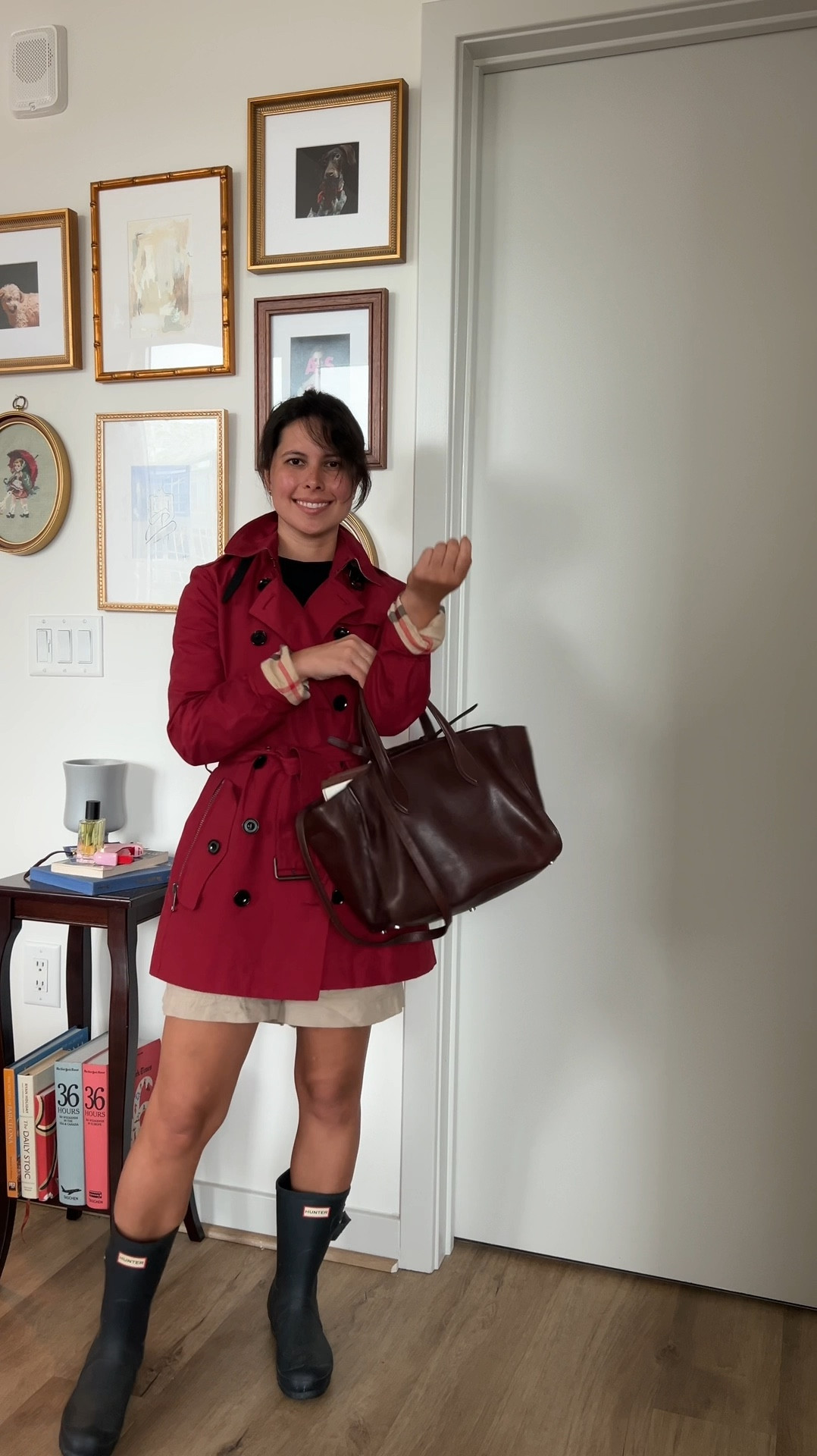 Fall outfit, rainy day fall outfit, Burberry trench, red jacket, red trench, hunter rain boots, petite, burgundy bag, linen shorts 

#LTKFindsUnder100 #LTKStyleTip #LTKVideo