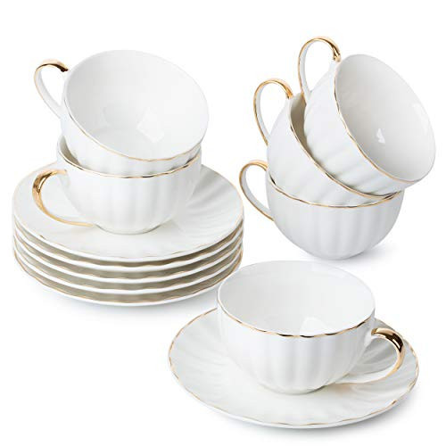 BTaT- Cappuccino Cups with Saucers 7 oz, Set of 6, White Porcelain Coffee Cup and Saucer Set for Latte with Golden Trim Design, Dishwasher Safe, Mocha, Tea, Au Lait, Flat White | Amazon (US)