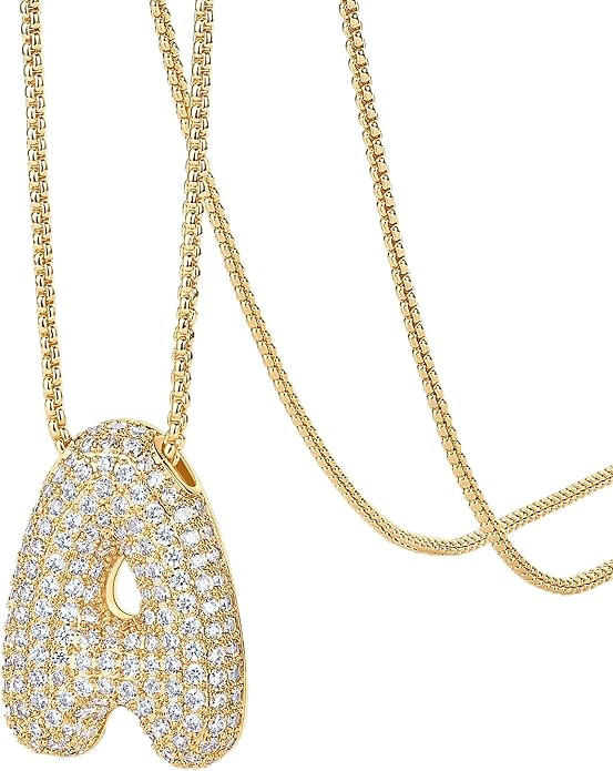 PAVOI 14K Gold Plated Cubic Zirconia Bubble Letter Initial Necklaces for Women | Gold Balloon Nec... | Amazon (US)