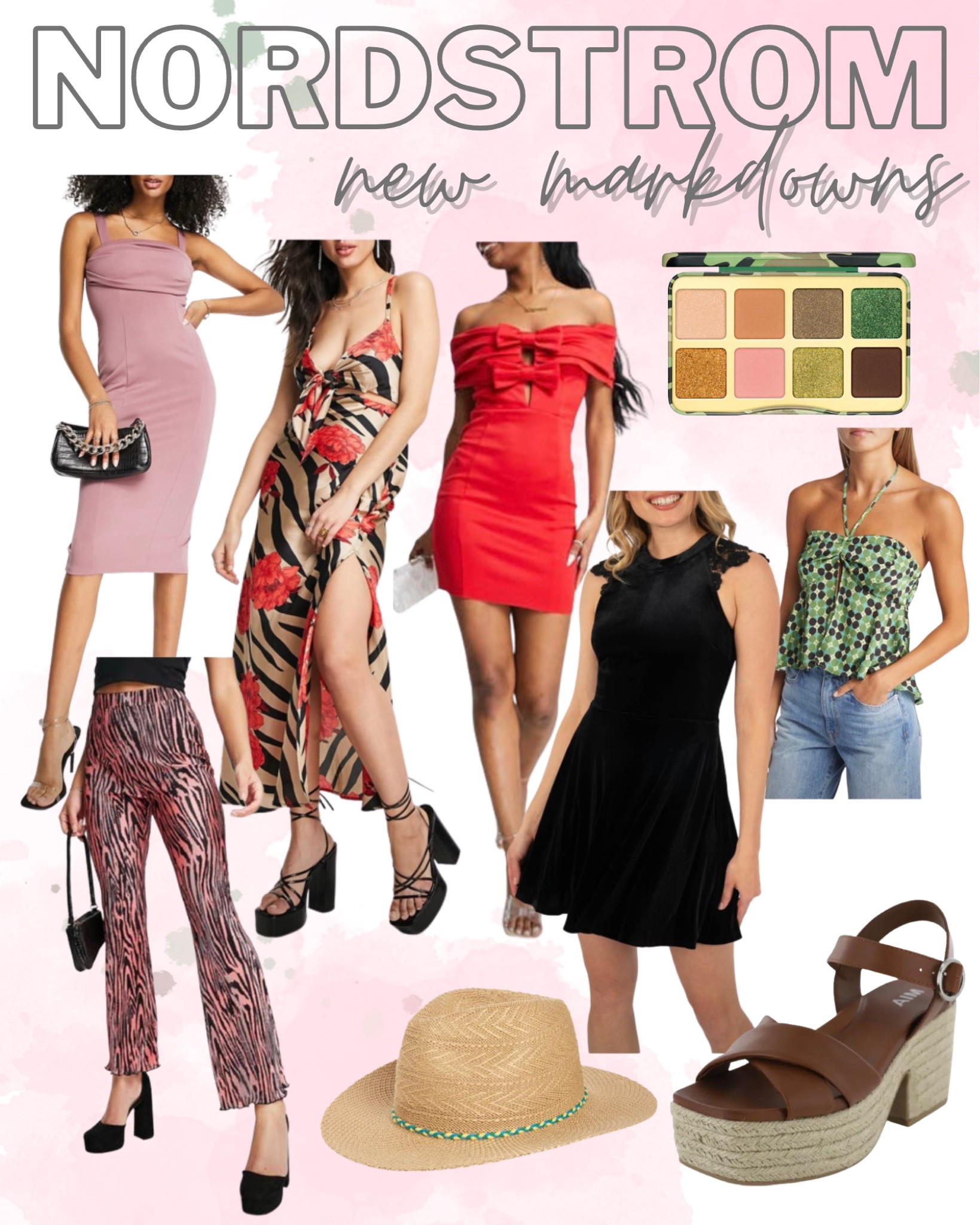 Nordstrom new markdowns under $50! Sale finds, midi dress, maxi dress, vacation dress, zebra print, flare leg pants, halter top, eyeshadow palette, wedge sandals, straw hat, black dress, little black dress, red dress, wedding guest dress 

#LTKunder50 #LTKsalealert #LTKstyletip