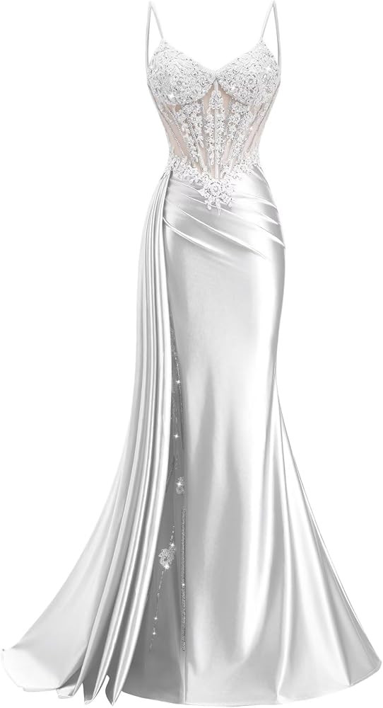 MYDRESS Mermaid Prom Dresses with Slit 2026 Long Beaded Satin Formal Evening Dress | Amazon (US)