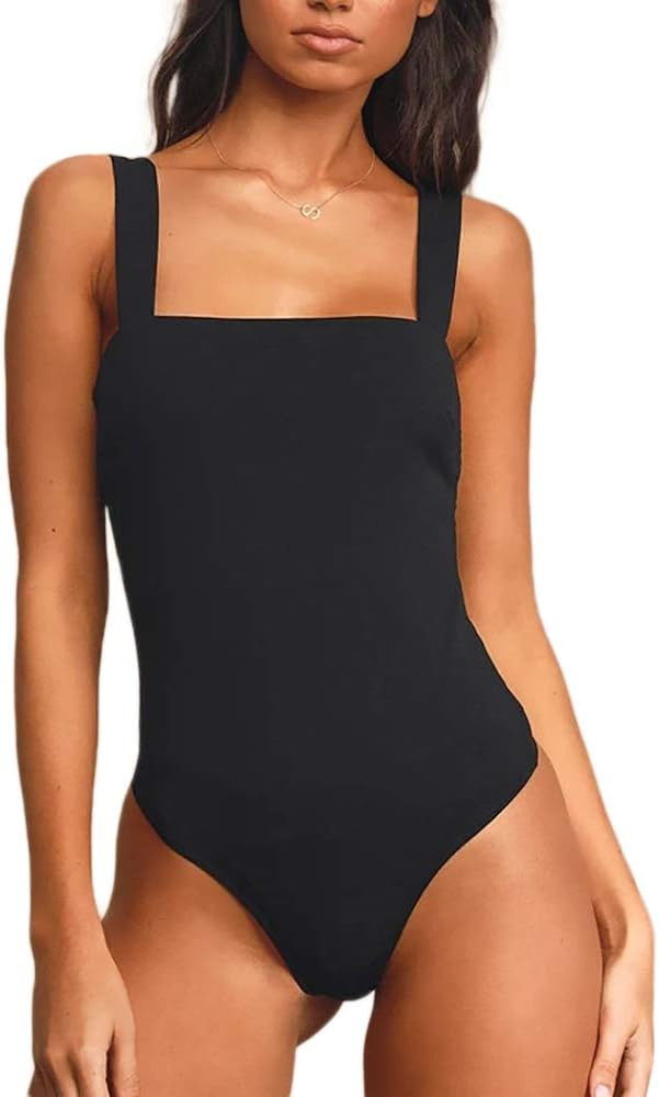 Amilia Women's Basic Casual Wide Strap Tank Leotard Bodysuit Tops Base Layer Cami Shirts Bodycon ... | Amazon (US)