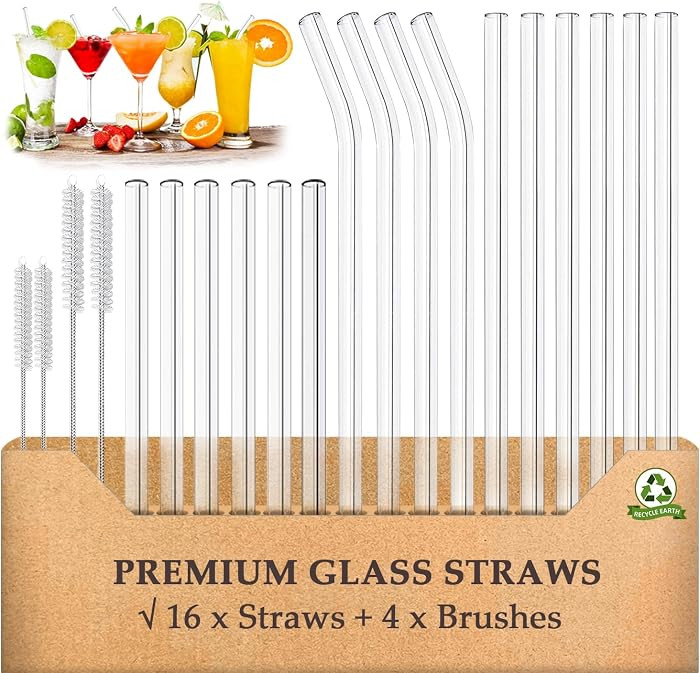 Glass Straws Drinking Reusable 20 Pack,Size 8.5''x10MM, 8.5\u2019\u2019x8MM and 6''x10MM,Glass St... | Amazon (US)