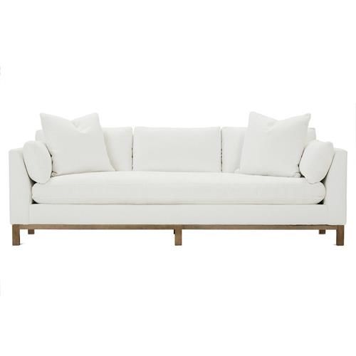 Nigel Modern Classic White Upholstered Brown Wood Sofa - 99"W | Kathy Kuo Home