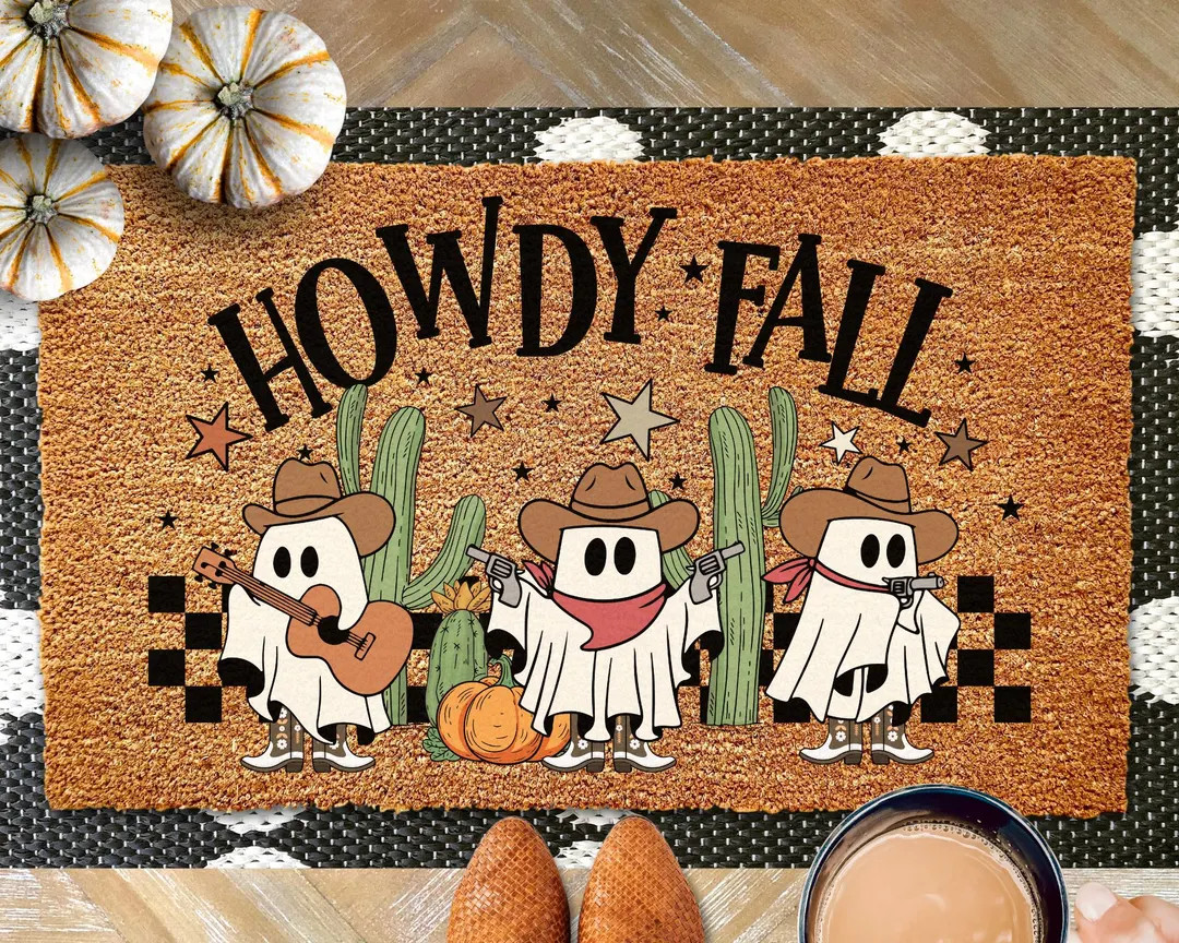 Howdy Fall Doormat, Cute Halloween Decor, Fall Decor, Ghost Cowboys, Halloween Doormat, Fall Porc... | Etsy (US)