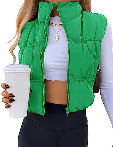UANEO Womens Cropped Puffer Vest Zip Up Stand Collar Sleeveless Padded Cropped Vest (Green-M) | Amazon (US)