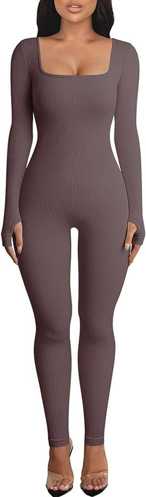 OEAK Womens Ribbed Jumpsuit with Tummy Control Long Sleeve Unitard Casual Yoga Rompers High Waist... | Amazon (US)