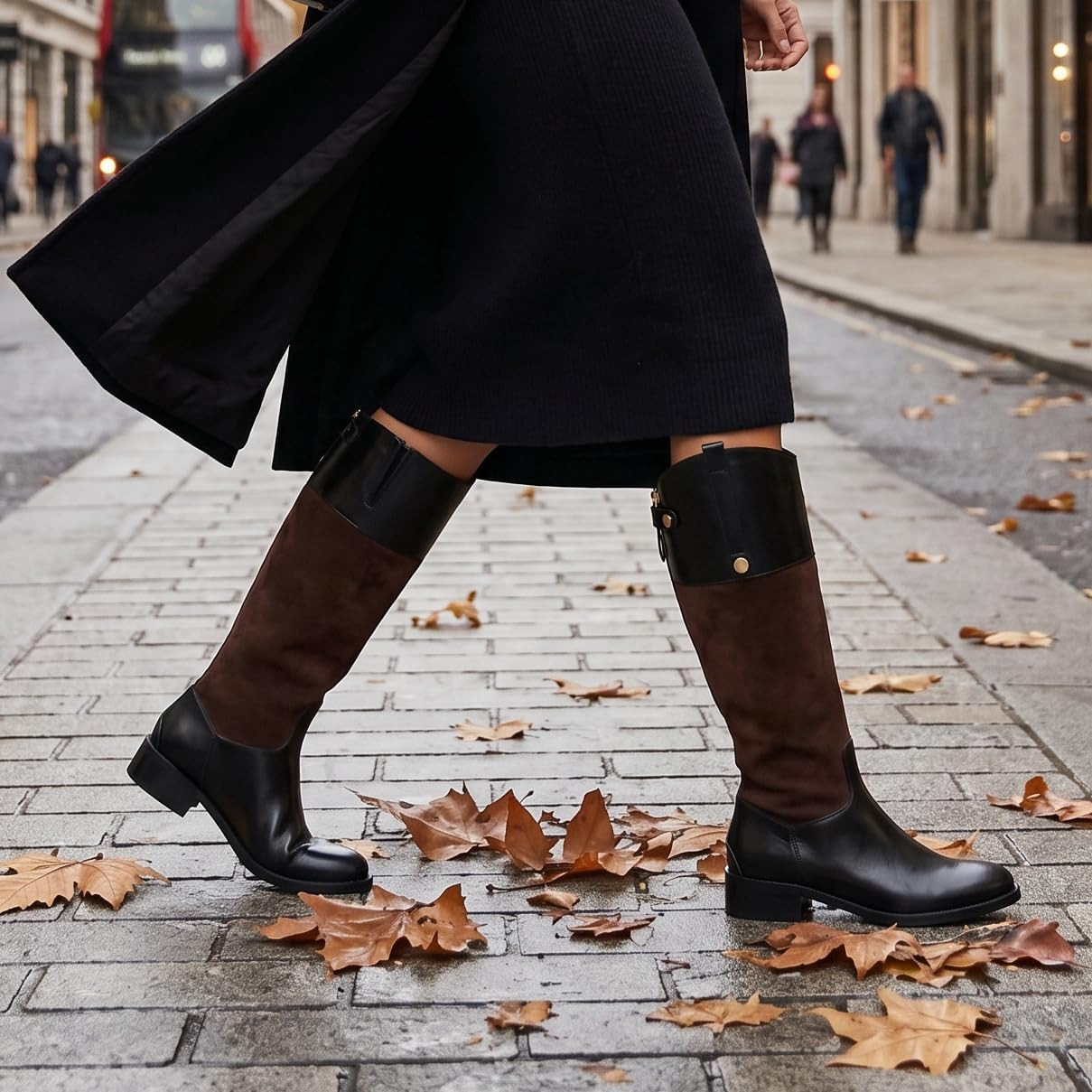 Women's Two-Tone Knee High Riding Boots Round Toe Block Heel Rear Zip | Amazon (US)