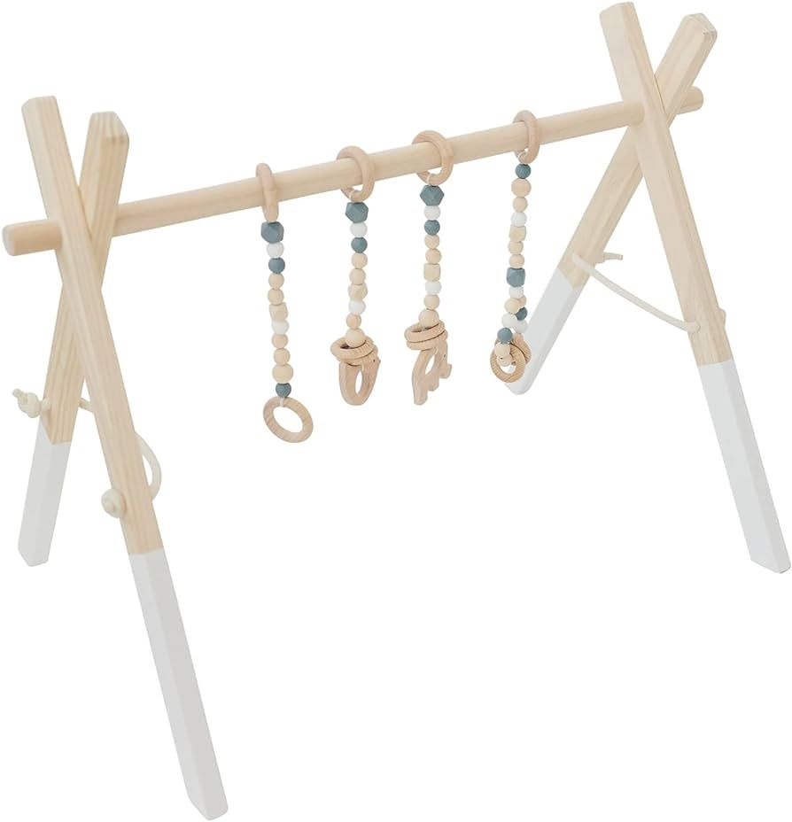 Poppyseed Play Wooden Baby Play Gym, Foldable Frame w/Hanging Bar, Tied Cotton Cord & Wooden Toys... | Amazon (US)