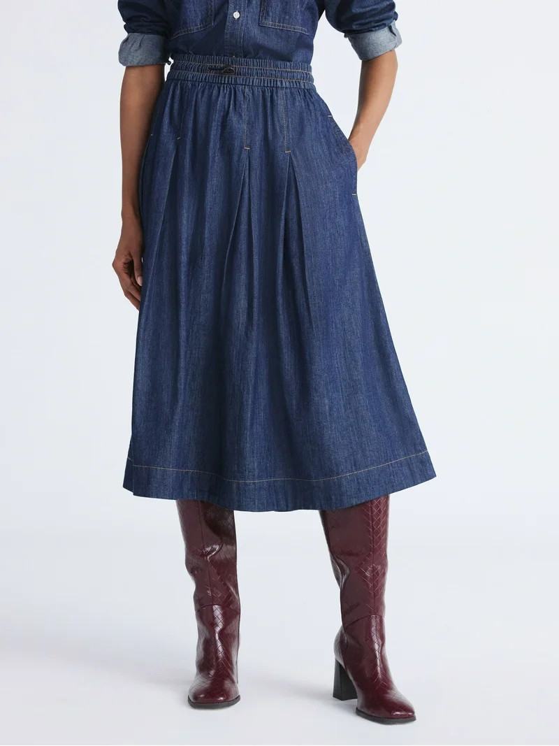 Free Assembly Women's Pull On Pleated Denim Maxi Skirt, Sizes XS-XXL | Walmart (US)