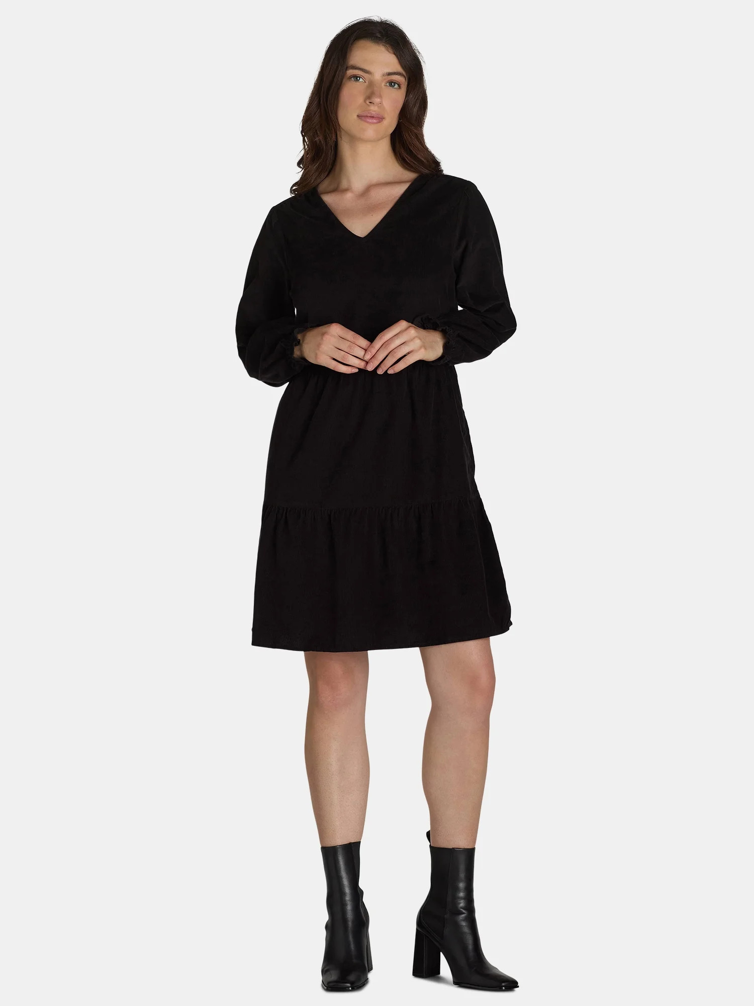 Time and Tru Women's and Women's Plus Cotton Corduroy Tiered Dress, Sizes XS-4X | Walmart (US)