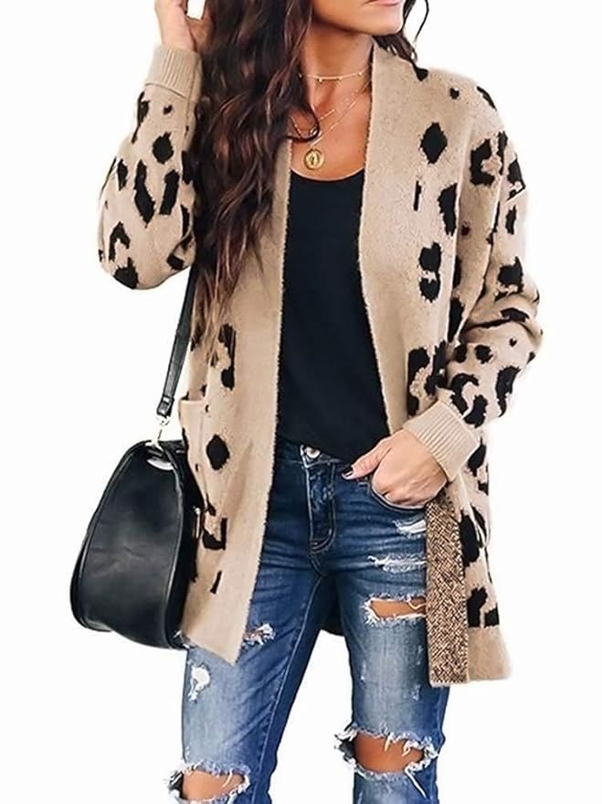ZESICA Women's Long Sleeves Open Front Leopard Print Button Down Knitted Sweater Cardigan Coat Ou... | Amazon (US)