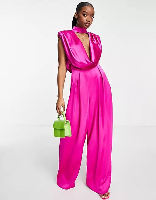 ASOS LUXE satin jumpsuit with shoulder pads and cowl neck in pink | ASOS (Global)