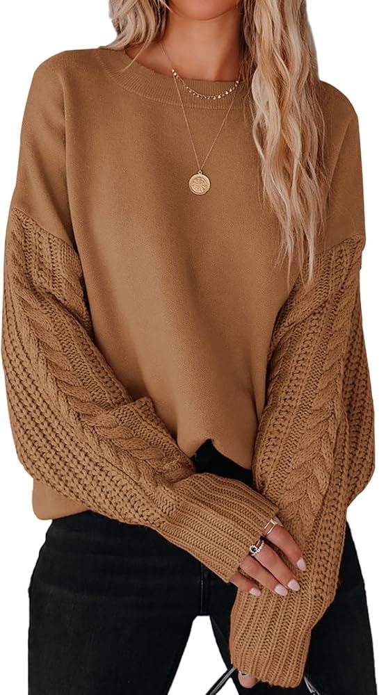 ZESICA Women's Casual Crew Neck Contrast Cable Knit Long Sleeve Ribbed Knit Loose Pullover Sweate... | Amazon (US)