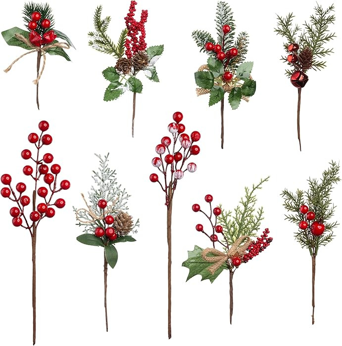 Crafare 10 Pack Small Christmas Picks Assorted Size Red Berry Picks Stems with Pinecones for Chri... | Amazon (US)