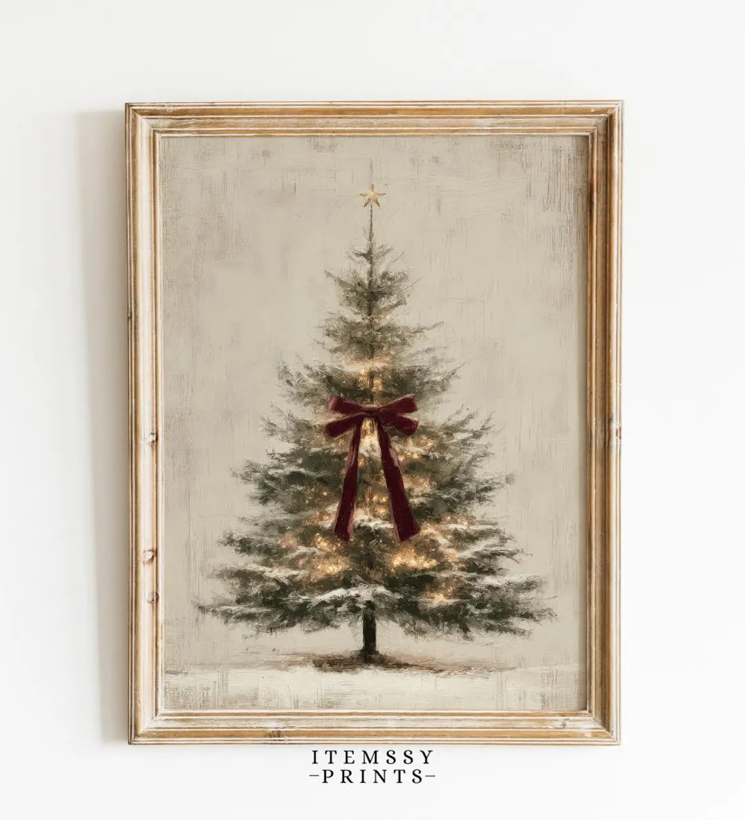 Vintage Christmas Tree Wall Art • Snowy Pine With Burgundy Bow • Rustic Holiday Printable •... | Etsy (US)